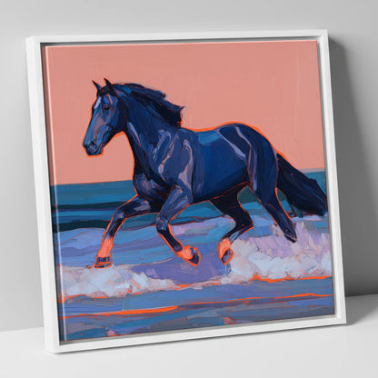 Indigo Surf Canter beach horse canvas wall art in white frame