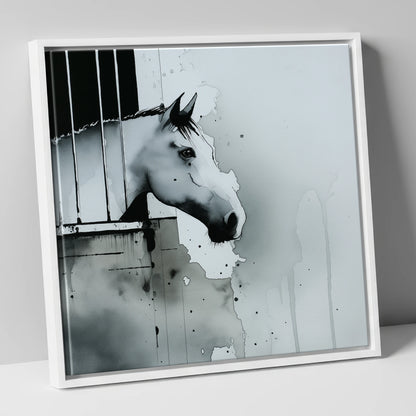 The Quiet Watcher horse stable canvas wall art in white frame