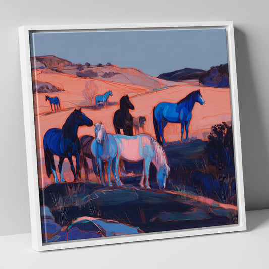 Indigo Herd at Dusk horse landscape canvas wall art in white frame