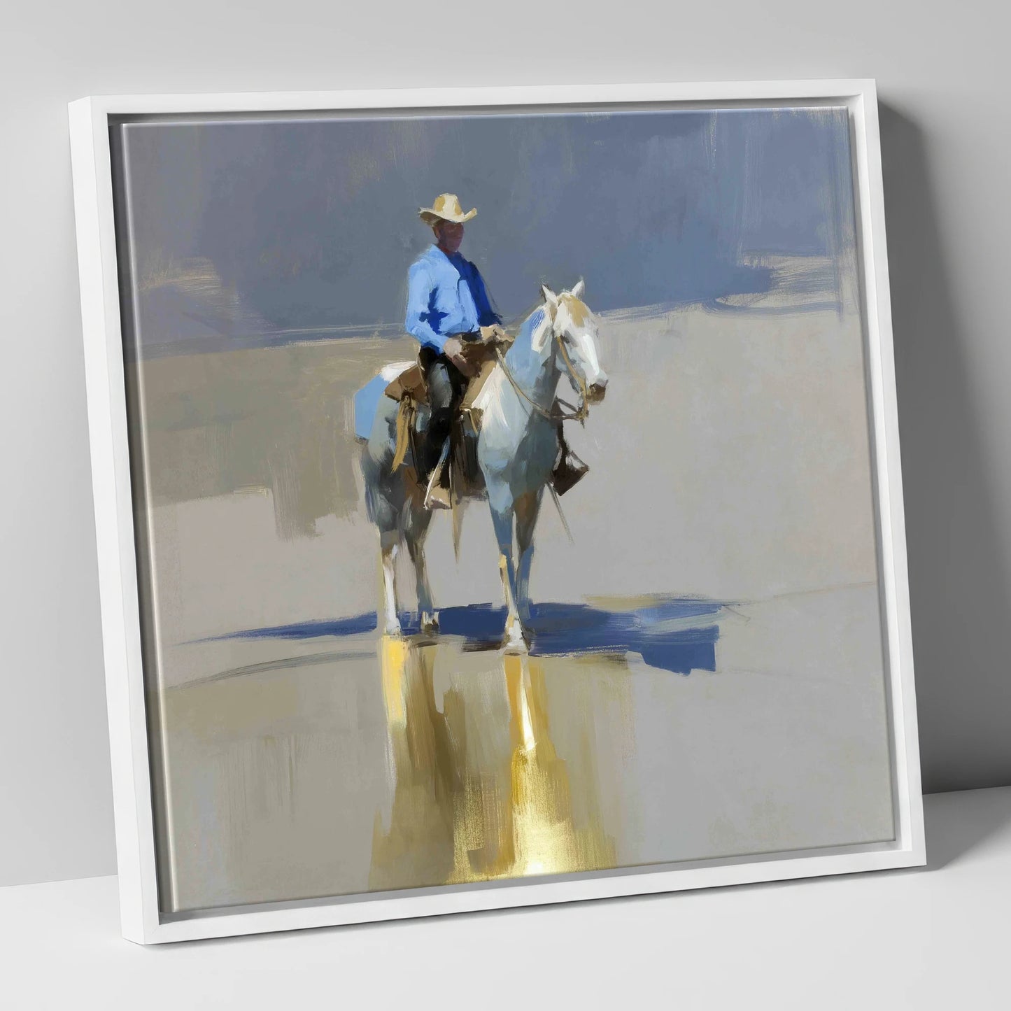 The Sunlit Rider western horse canvas wall art in white frame