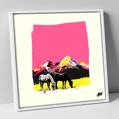 Vibrant Mountain Pastures horse landscape canvas wall art in white frame
