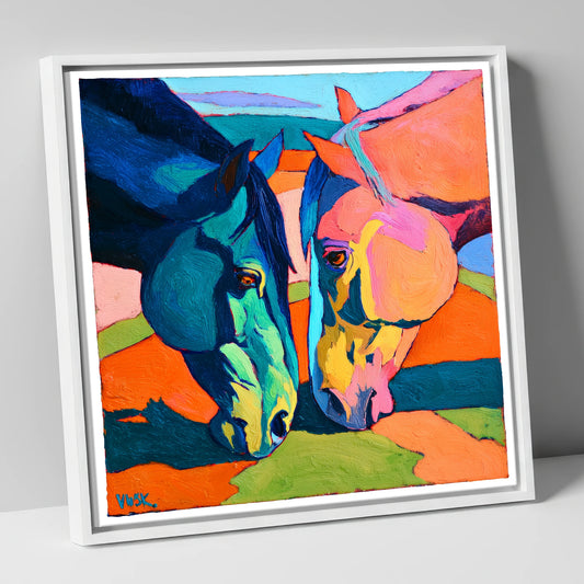 Vibrant Companions horse portrait canvas wall art in white frame