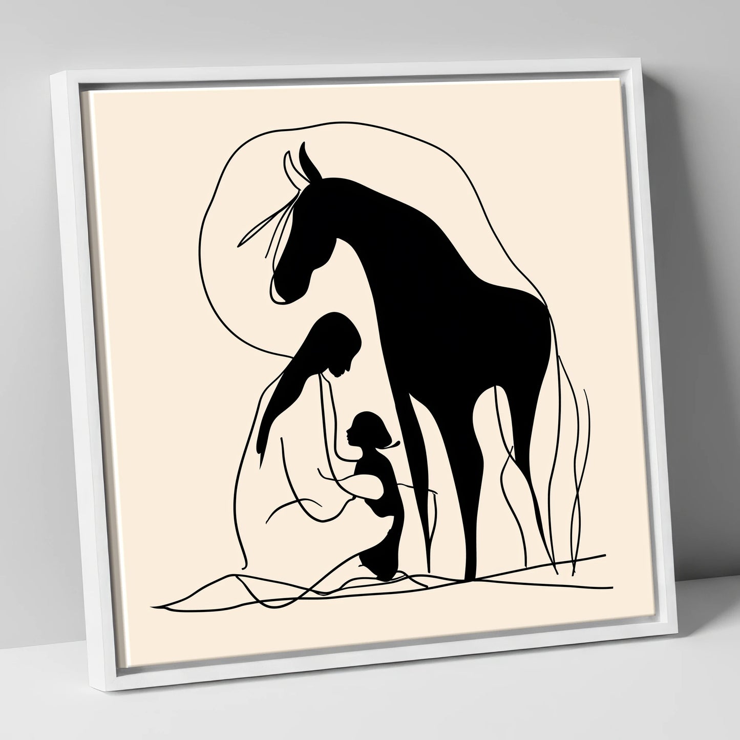 The Gentle Guardian horse & rider canvas wall art in white frame