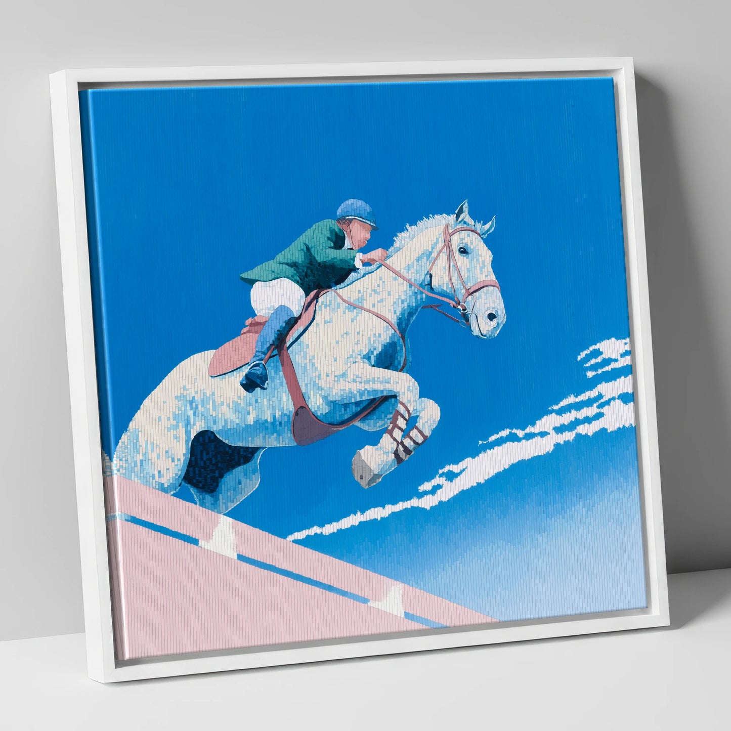 Airborne Over Blue show jumping horse canvas wall art in white frame