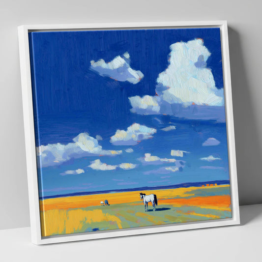 Beneath the Ultramarine Sky horse landscape canvas wall art in white frame