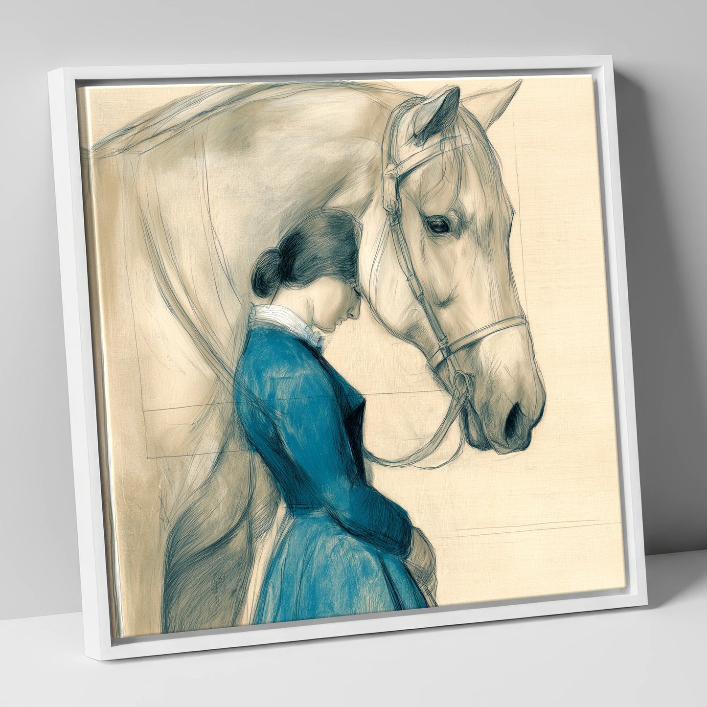 Solace in Stillness horse & rider canvas wall art in white frame