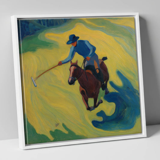 Sunlit Polo Swing polo horse canvas wall art in white frame