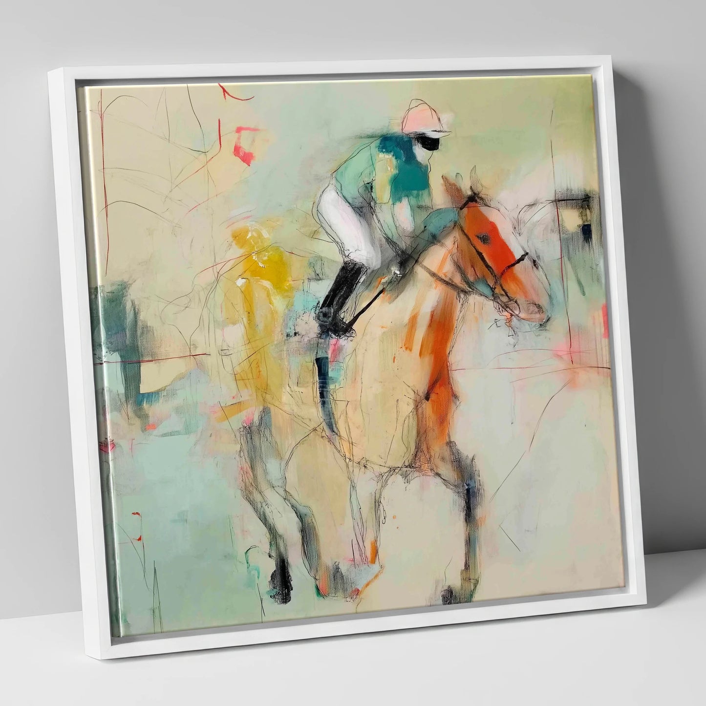 The Fleeting Stride racing horse canvas wall art in white frame