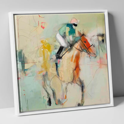 The Fleeting Stride racing horse canvas wall art in white frame