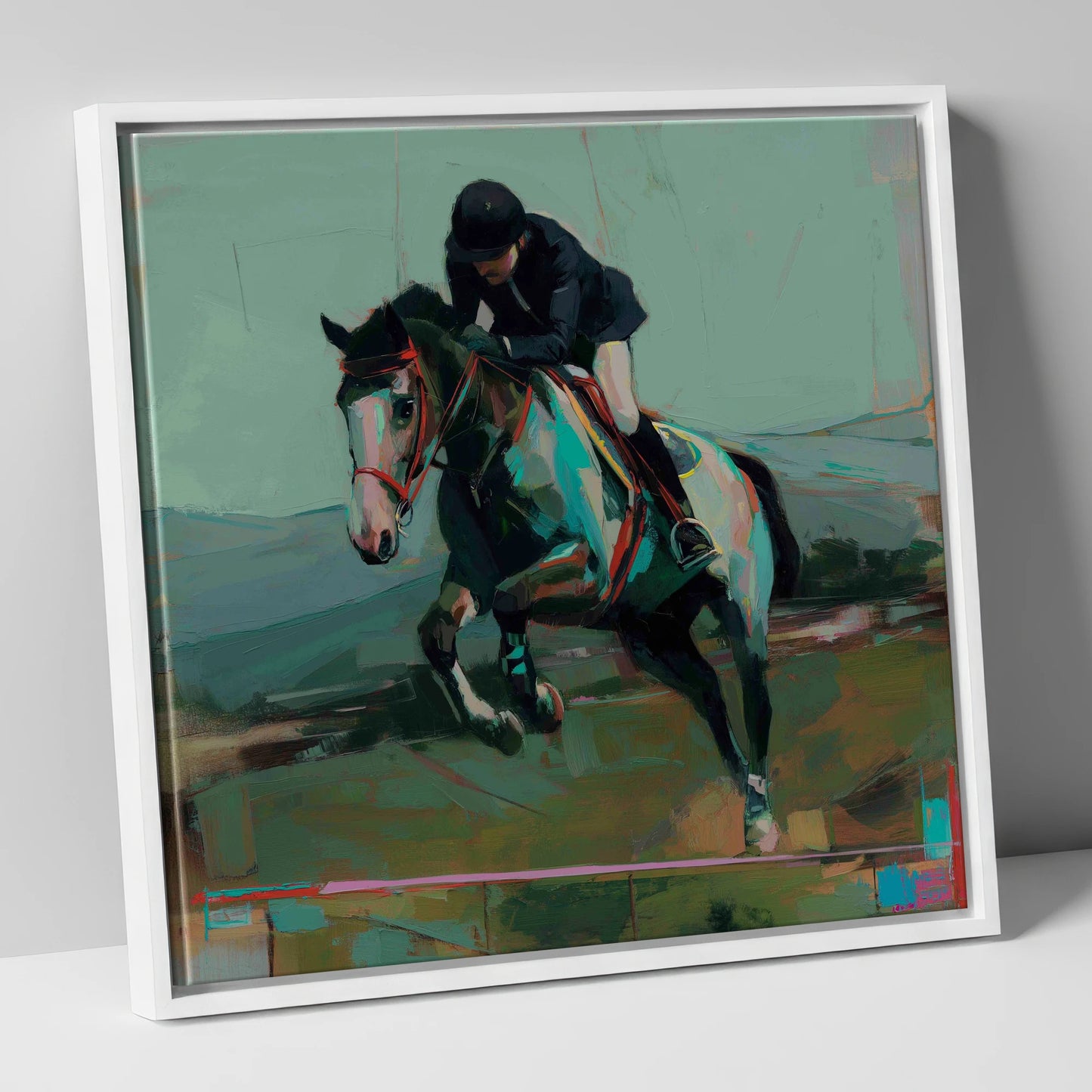 The Bold Clear show jumping horse canvas wall art in white frame