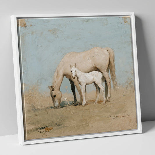 Chalk White Companions mare & foal canvas wall art in white frame