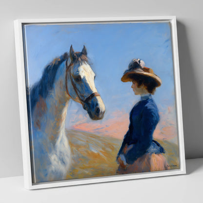 The Golden Gaze horse & rider canvas wall art in white frame