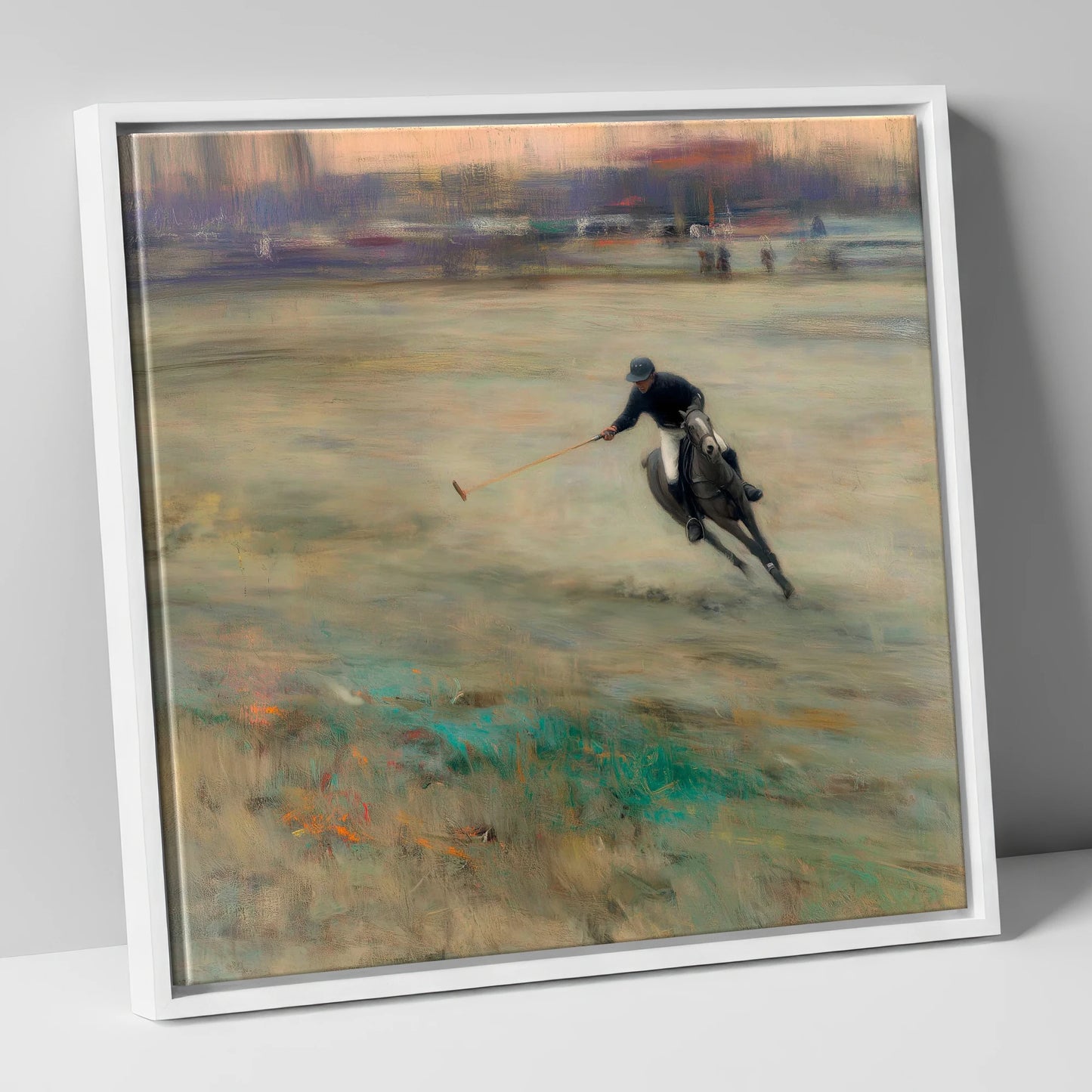 Twilight Chukka polo horse canvas wall art in white frame
