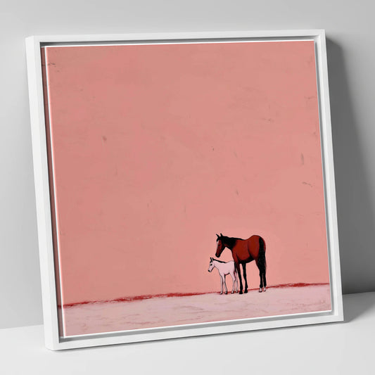 Dusty Rose Bond mare & foal canvas wall art in white frame