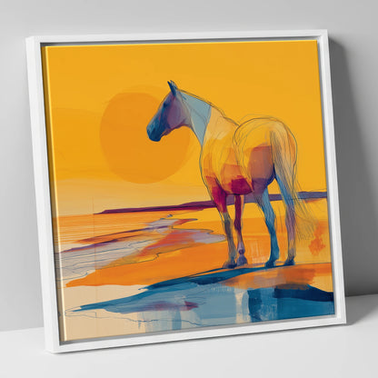 Golden Shoreline Silhouette horse landscape canvas wall art in white frame
