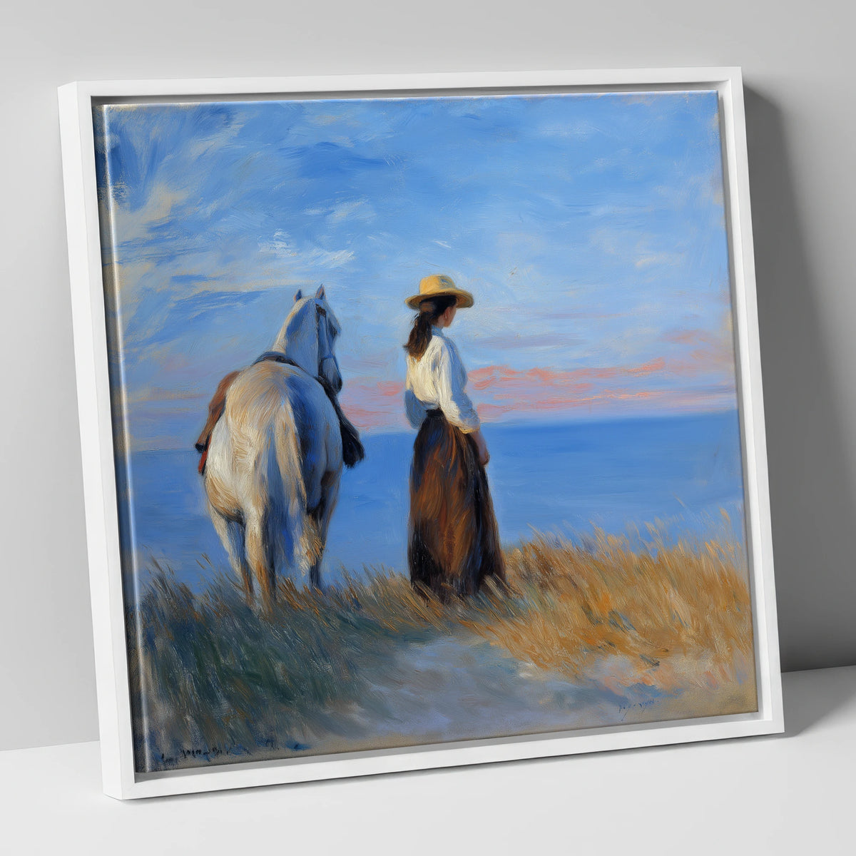 Contemplating the Horizon horse & rider canvas wall art in white frame