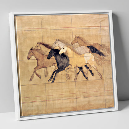 Classical Herd Study wild horses canvas wall art in white frame