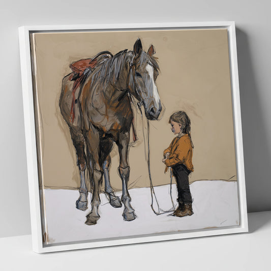 Silent Understanding horse & rider canvas wall art in white frame