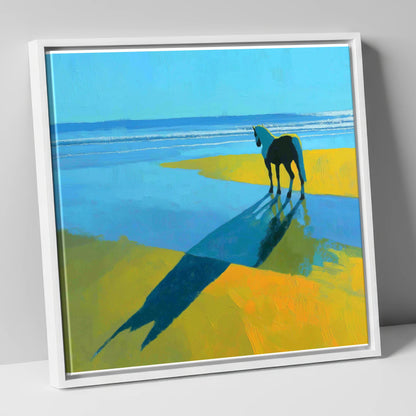 Azure Shoreline Silhouette horse landscape canvas wall art in white frame