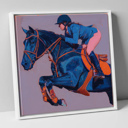 Flight in Indigo show jumping horse canvas wall art in white frame