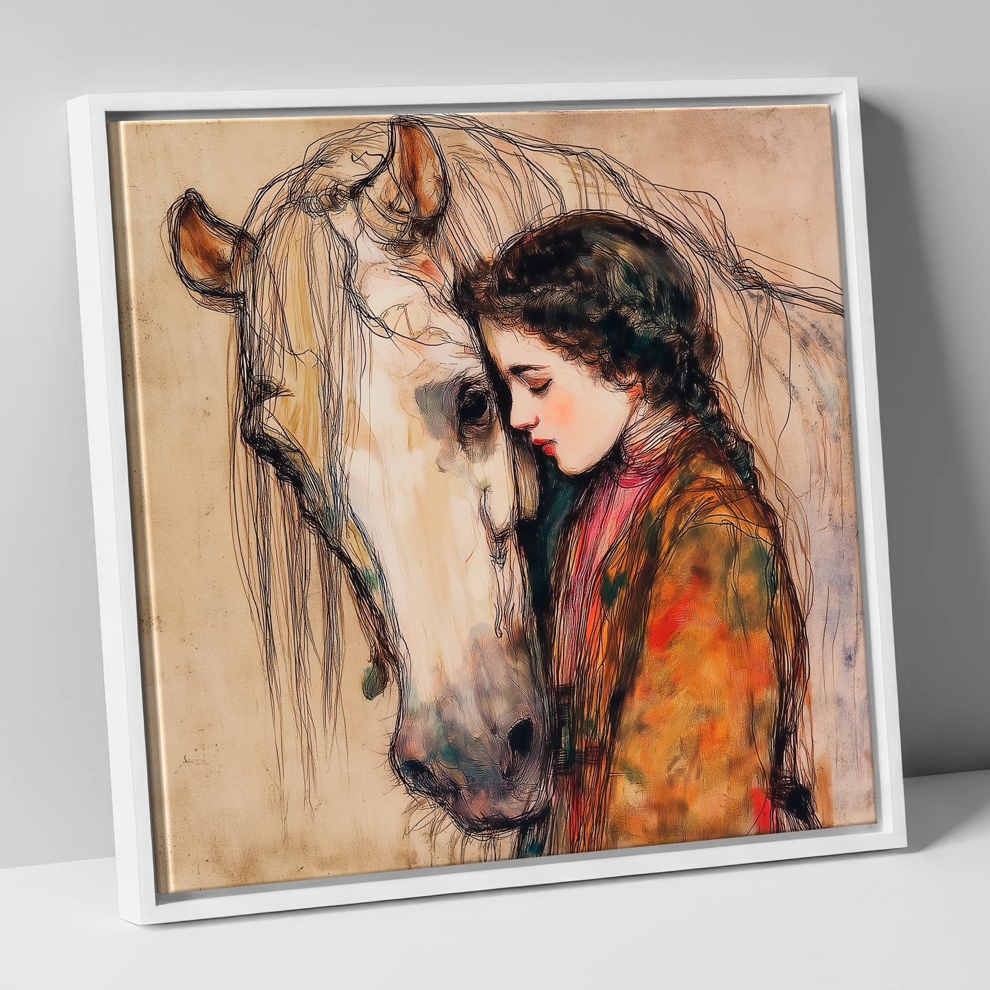 The Silent Language horse & rider canvas wall art in white frame