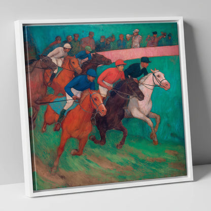 The Vibrant Furlong racing horse canvas wall art in white frame