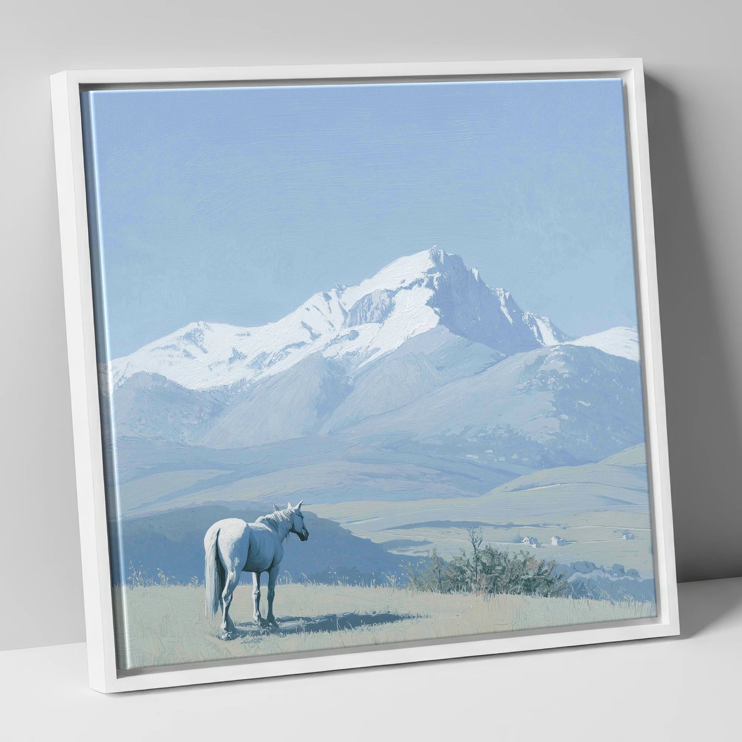 Alpine Solitude horse landscape canvas wall art in white frame