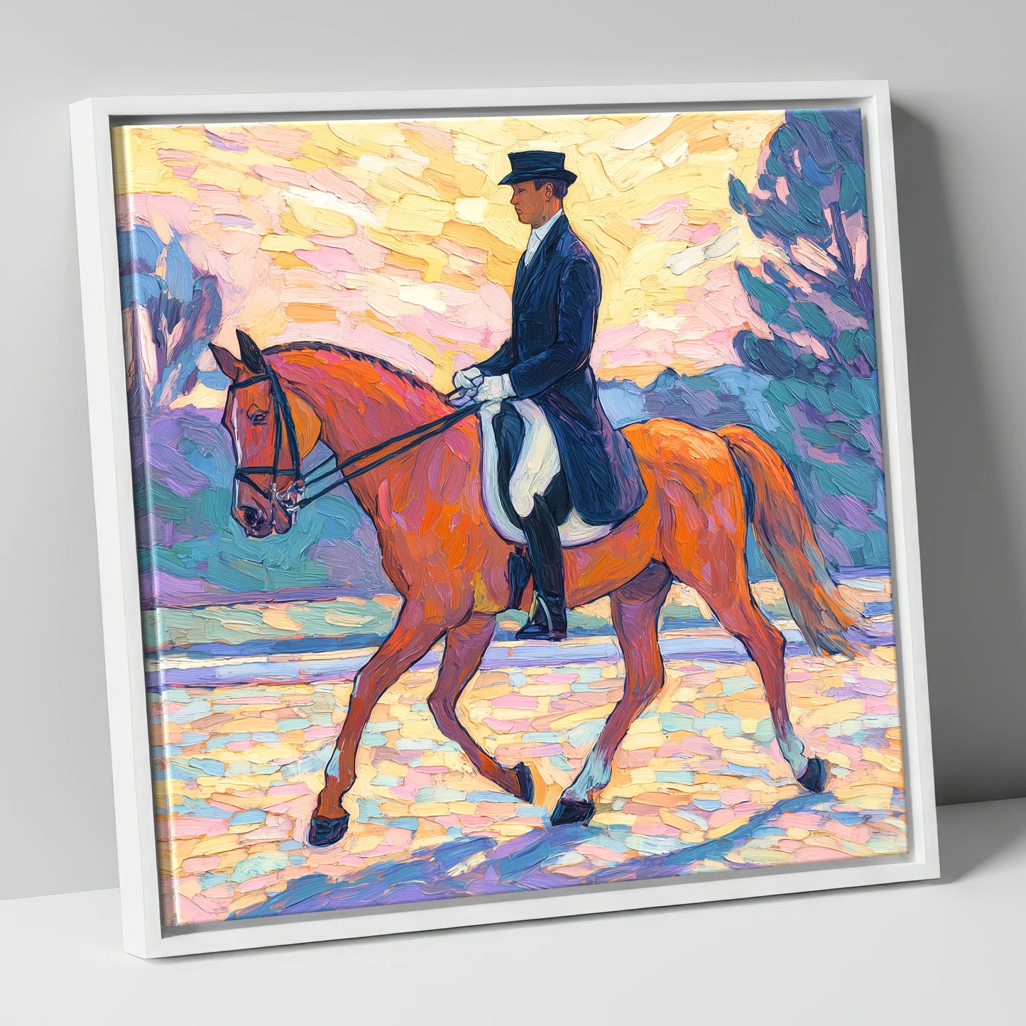Painted Dressage Elegance dressage horse canvas wall art in white frame