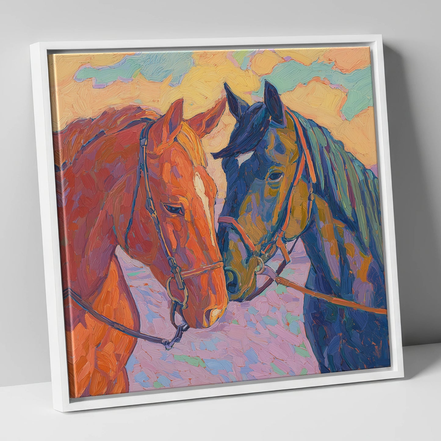 Vibrant Equine Bond horse portrait canvas wall art in white frame
