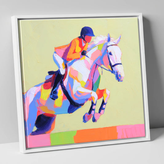 Technicolour Flight show jumping horse canvas wall art in white frame
