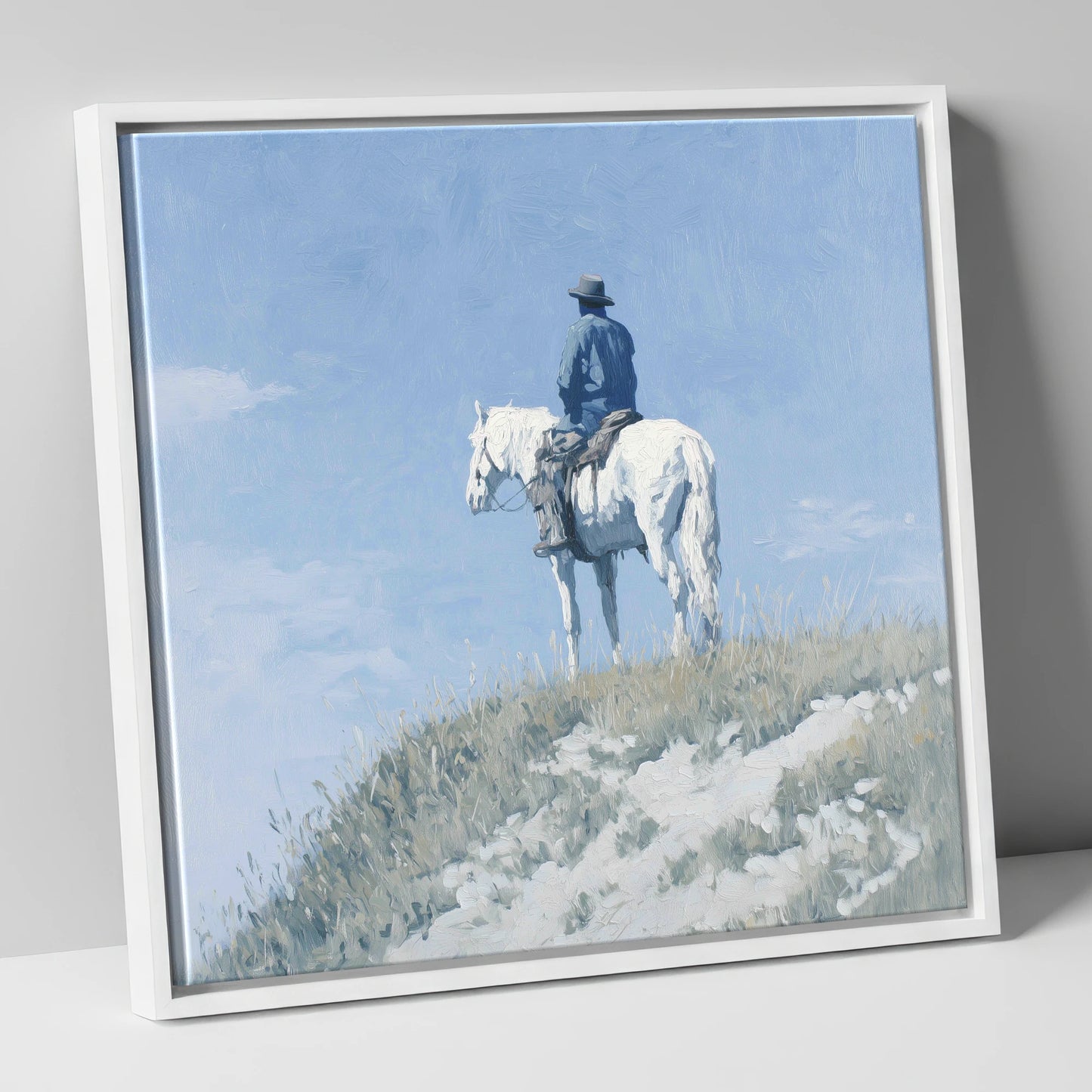 Solitude on the Ridge western horse canvas wall art in white frame