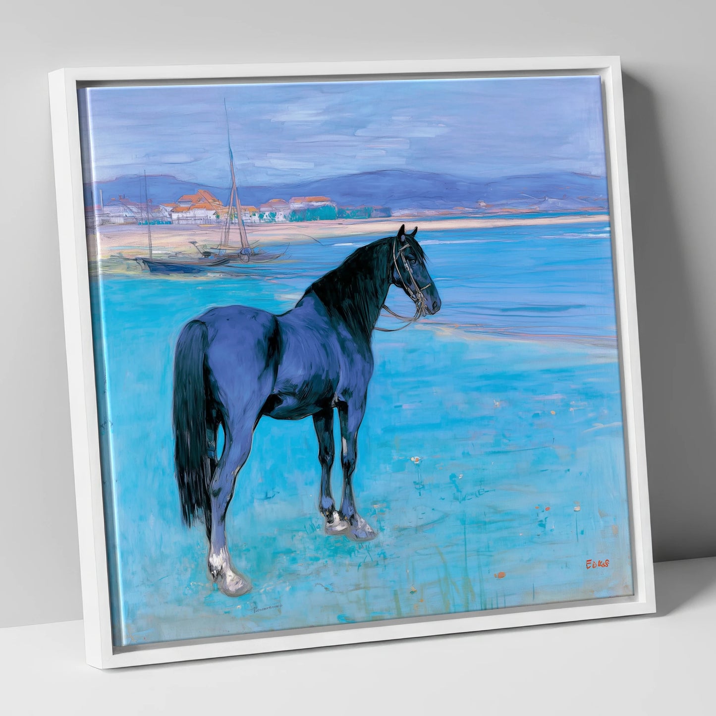 Azure Coast Equine horse landscape canvas wall art in white frame