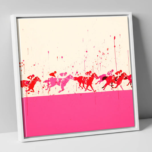 Magenta Racehorses In Full Gallop racing horse canvas wall art in white frame