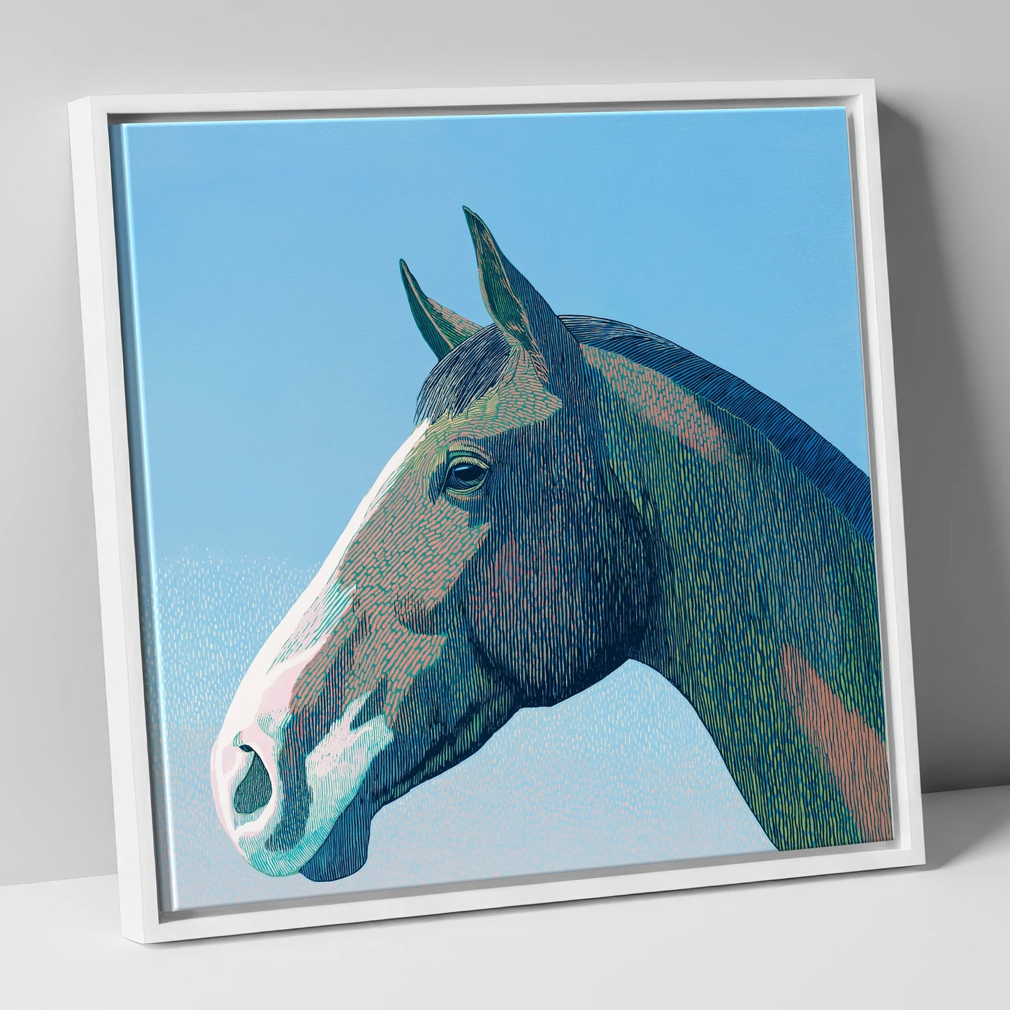 The Azure Profile horse portrait canvas wall art in white frame