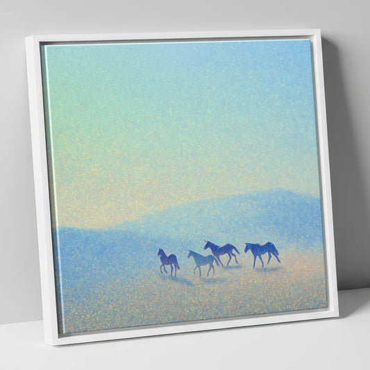 Ethereal Blue Herd wild horses canvas wall art in white frame