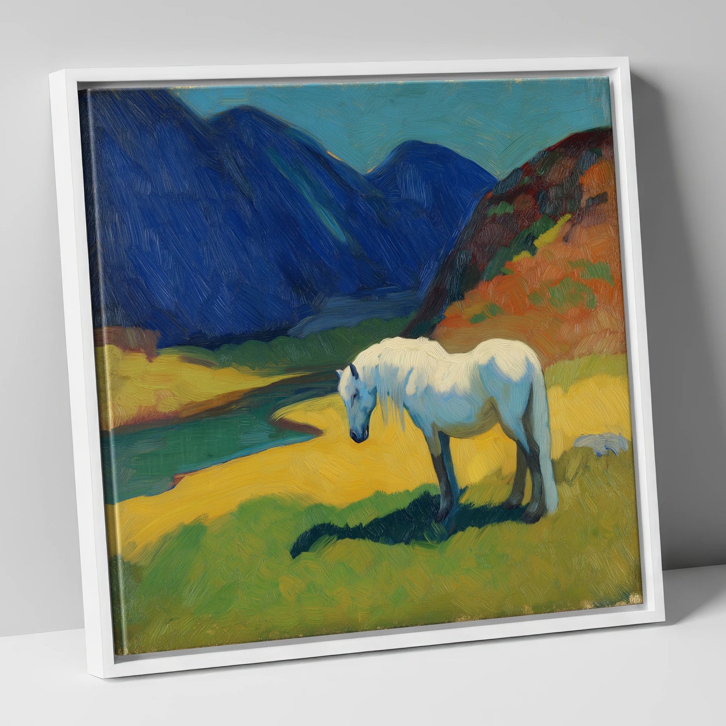 Vibrant Valley Grey horse landscape canvas wall art in white frame