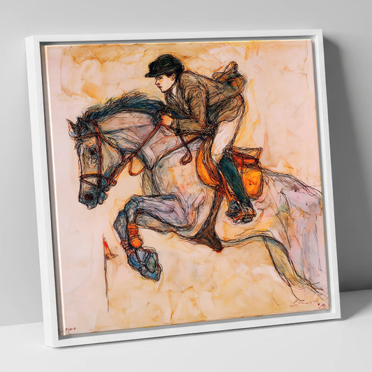 Suspended Momentum show jumping horse canvas wall art in white frame