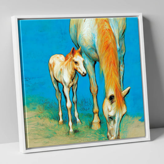 Nurture and Nature mare & foal canvas wall art in white frame