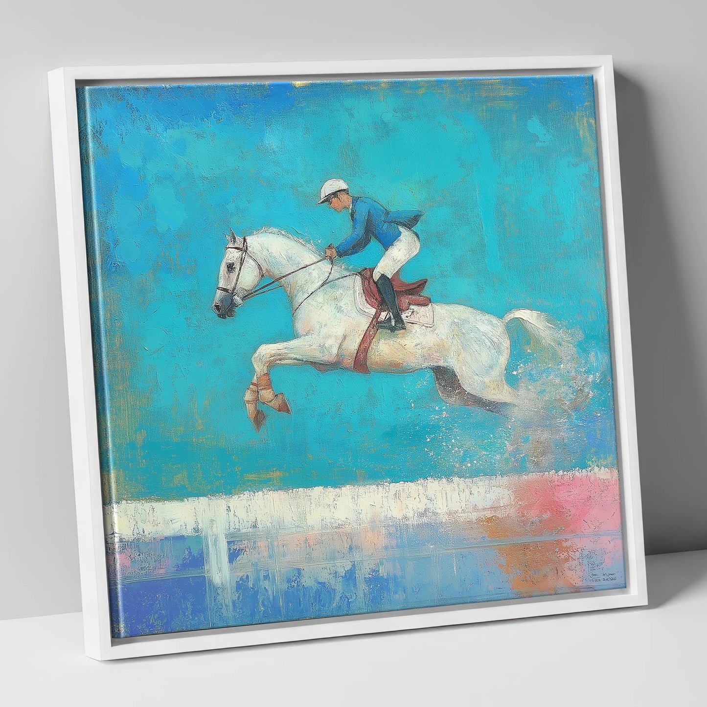 Flight in Turquoise show jumping horse canvas wall art in white frame