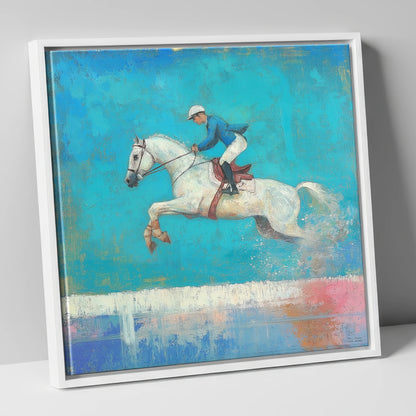 Flight in Turquoise show jumping horse canvas wall art in white frame