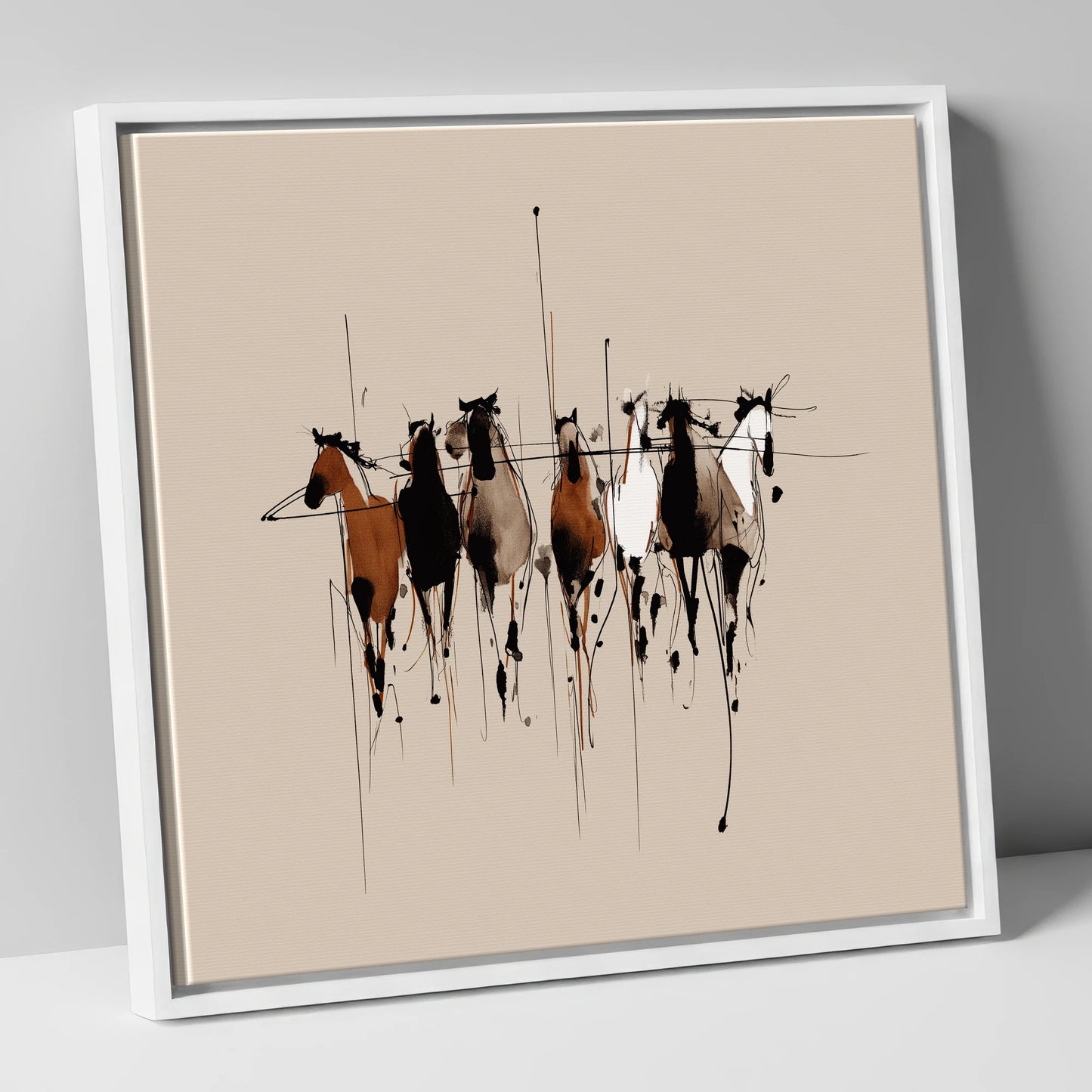 The Fluid Herd wild horses canvas wall art in white frame