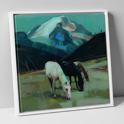 Teal Mountain Pasture horse landscape canvas wall art in white frame