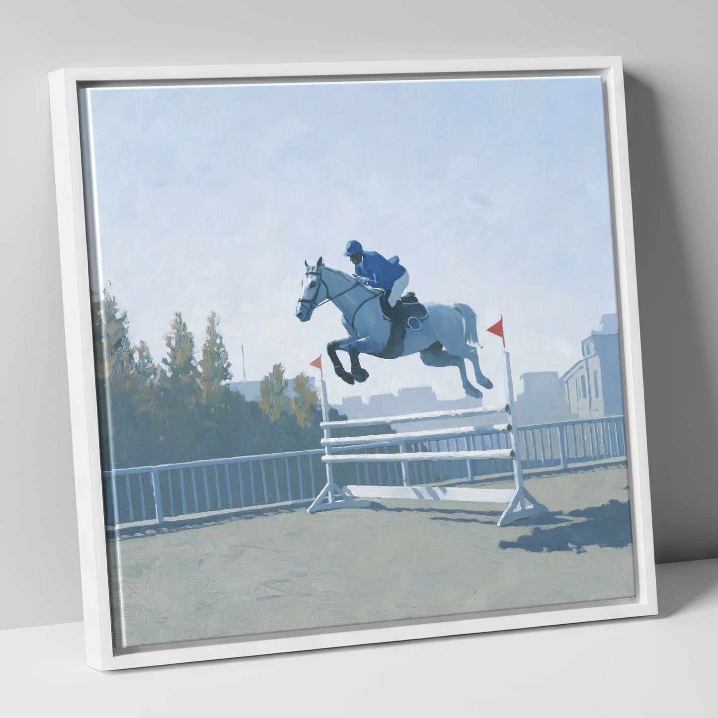 Airborne in Blue show jumping horse canvas wall art in white frame