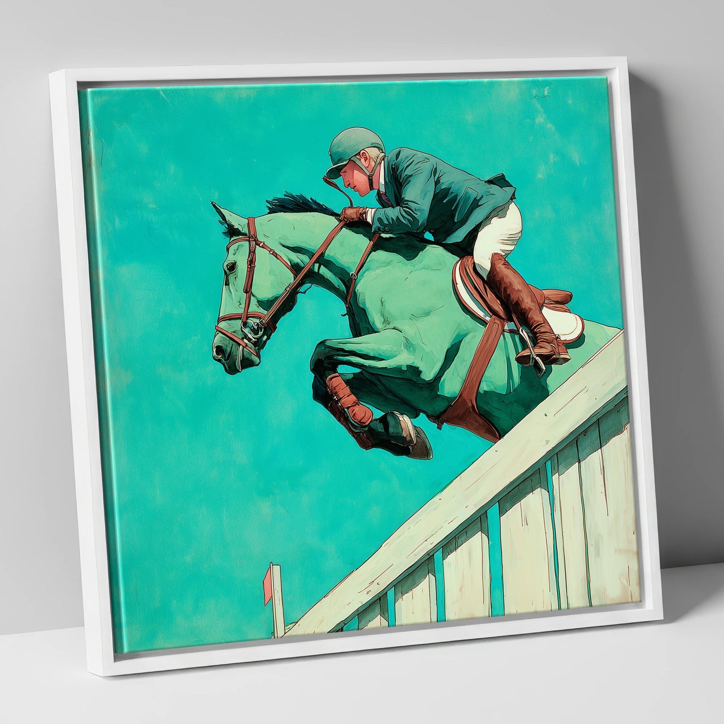Teal Showjumper show jumping horse canvas wall art in white frame