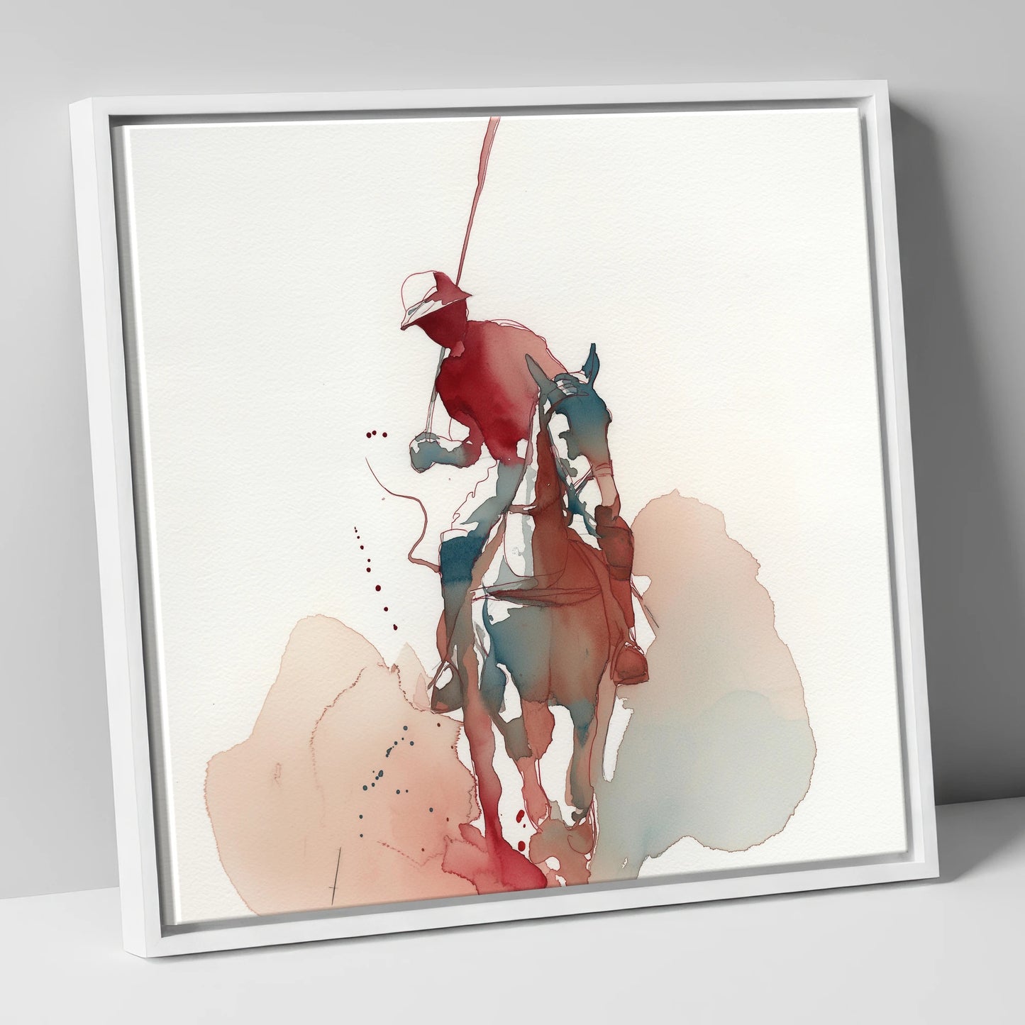 The Crimson Strike polo horse canvas wall art in white frame
