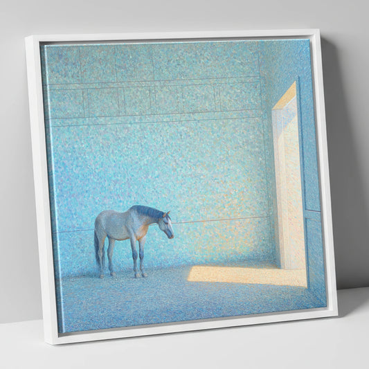 Luminous Grey horse stable canvas wall art in white frame
