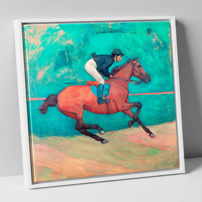 Rhythm in Emerald racing horse canvas wall art in white frame