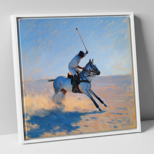 Sunlit Chukka polo horse canvas wall art in white frame