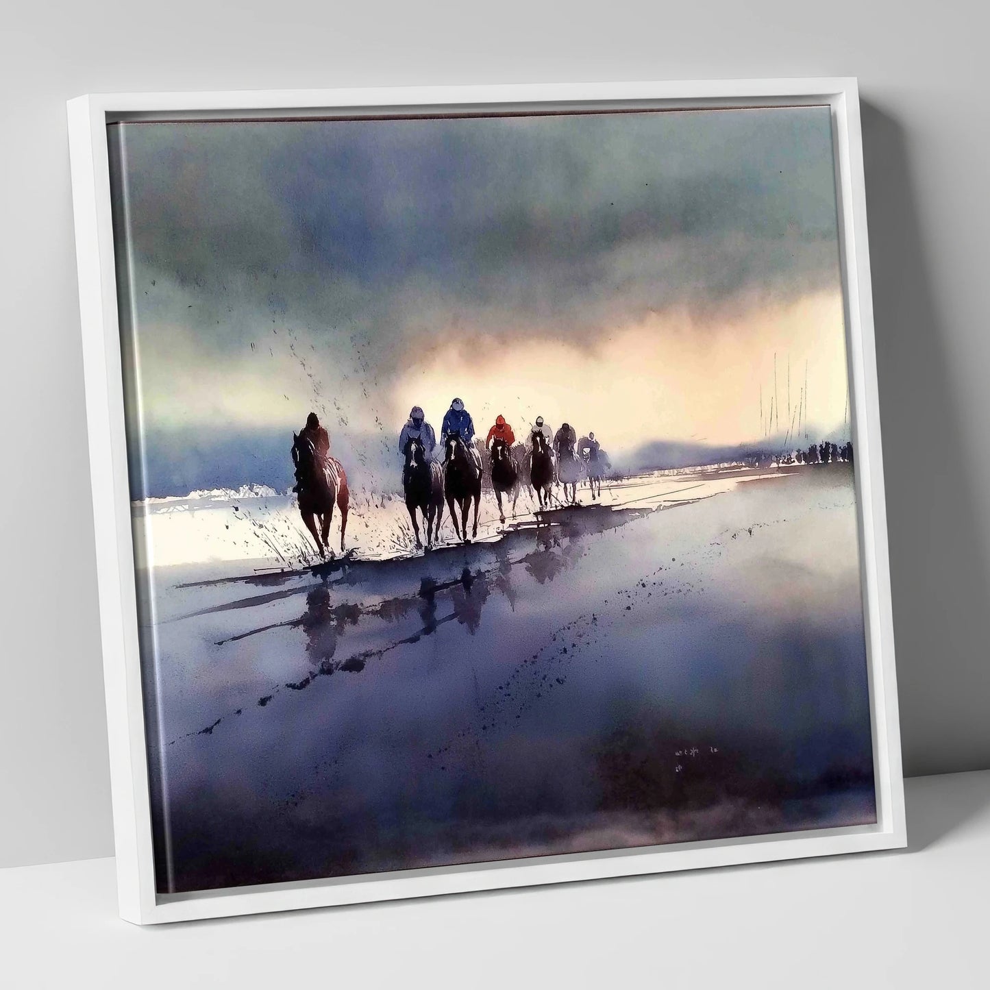 Morning Beach Gallops racing horse canvas wall art in white frame