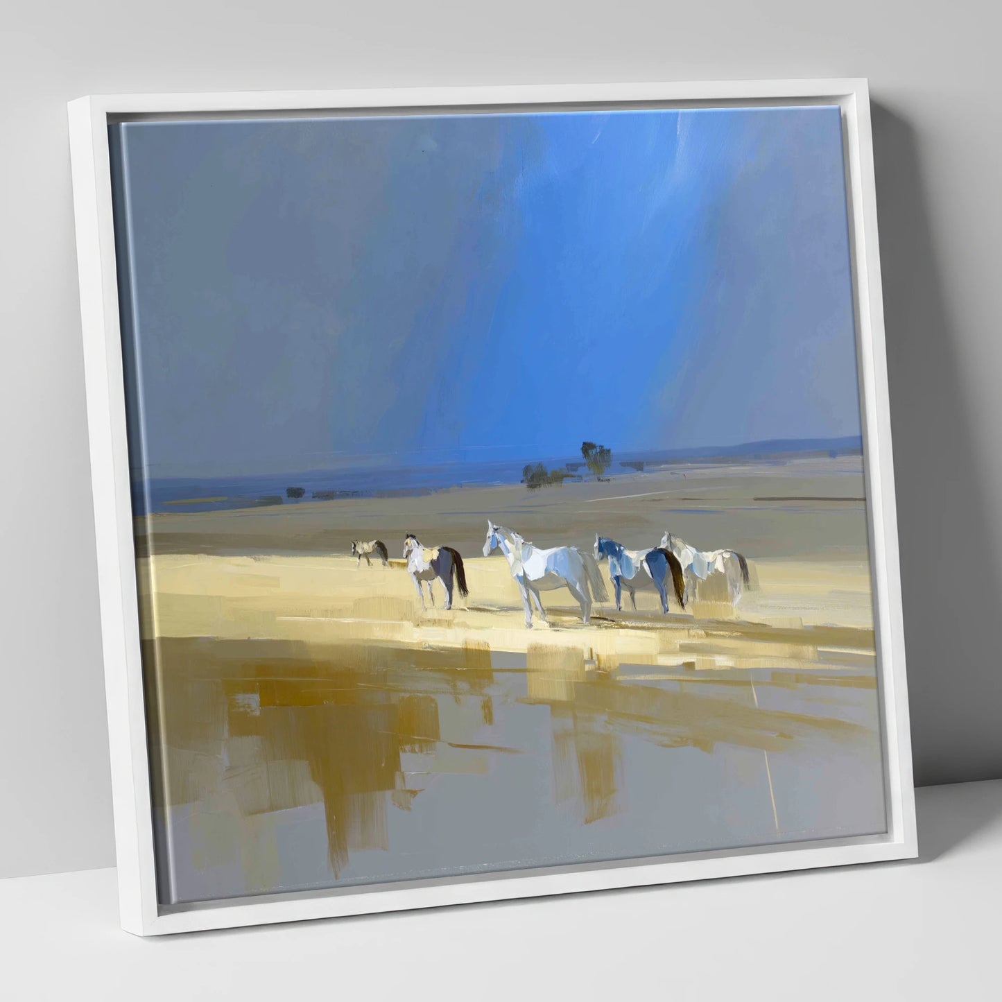 Sunlit Shallows horse landscape canvas wall art in white frame